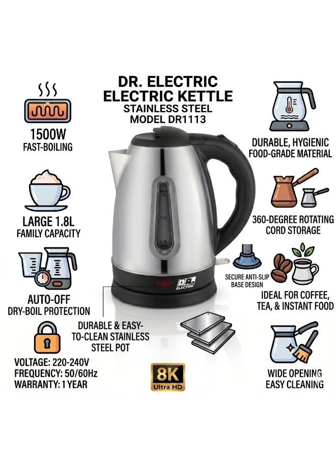 DR.ELECTRIC Stainless Steel Electric Kettle with Water Level Indicator, 1.8L Capacity, 1500W Fast Boil, 360° Swivel Base, Silver & Black, Model DR1113 - Image 3
