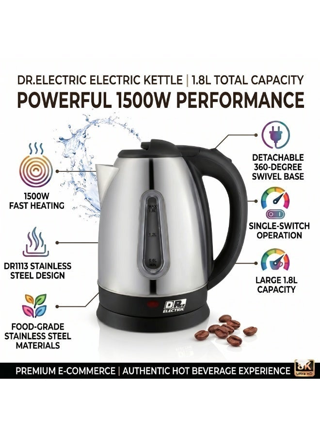 DR.ELECTRIC Stainless Steel Electric Kettle with Water Level Indicator, 1.8L Capacity, 1500W Fast Boil, 360° Swivel Base, Silver & Black, Model DR1113 - Image 2
