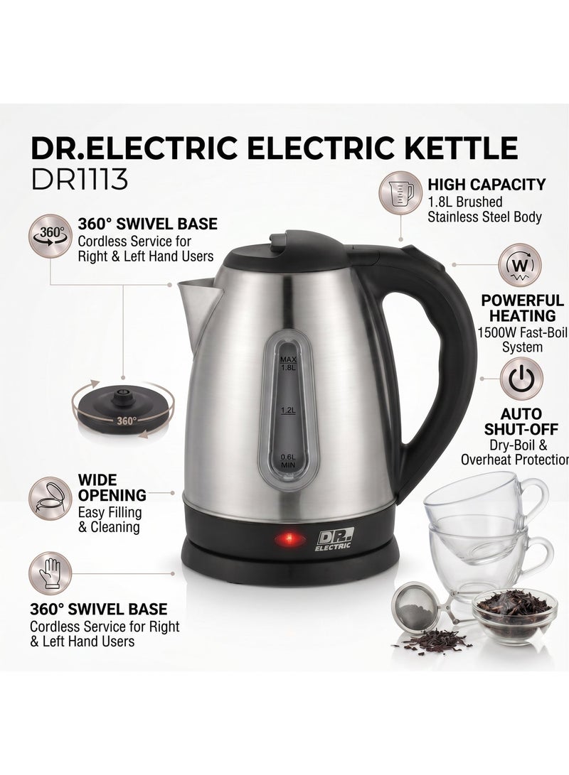 DR.ELECTRIC Stainless Steel Electric Kettle with Water Level Indicator, 1.8L Capacity, 1500W Fast Boil, 360° Swivel Base, Silver & Black, Model DR1113 - Image 4