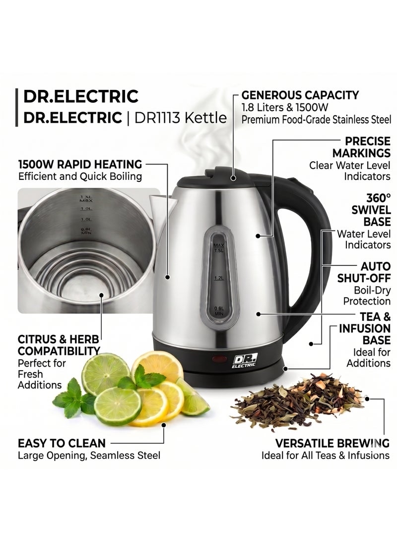 DR.ELECTRIC Stainless Steel Electric Kettle with Water Level Indicator, 1.8L Capacity, 1500W Fast Boil, 360° Swivel Base, Silver & Black, Model DR1113 - Image 5