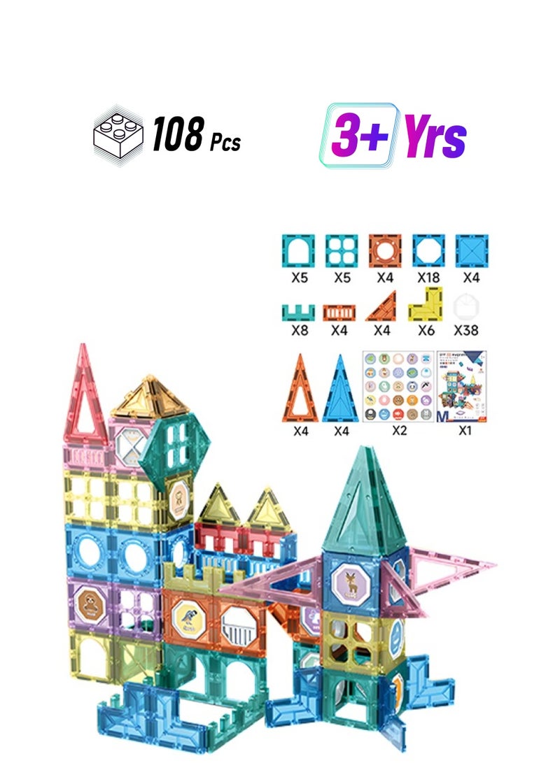 108-Piece Educational Magnetic Building Blocks with Cute Stickers, Fun and Engaging DIY Building Tiles, Protective Rounded Corner Design, Perfect for Enhancing Spatial Awareness, Problem Solving, and Creativity  - Image 1