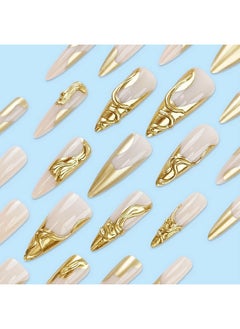 Press On Nails Long Stiletto Fake Nails Glossy Glue On Nails 3D Gold Chrome Acrylic Nails Almond Artificial Nails French Tip Stick On False Nails With Design 24 Pcs - pzsku/ZCB0486774F8D3F50BFCDZ/45/_/1734183049/ed1ffead-aacf-4e51-927d-9c408188210d