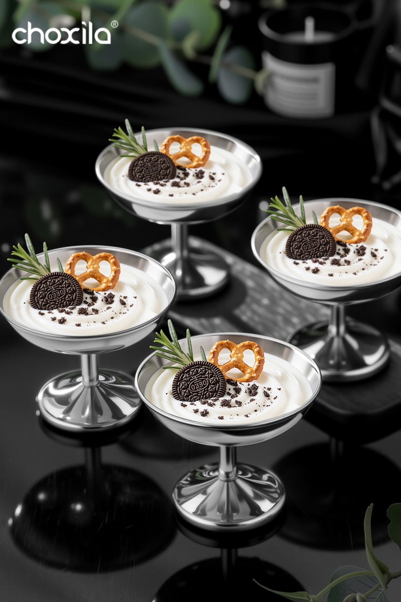 choxila 6pcs Stainless Steel Dessert Cup,High Base Ice Cream Bowl, Metal Small Footed Sundae Plate Bowls Holder Party Favors for Candy Jelly Fruit Pudding Snacks - Image 2