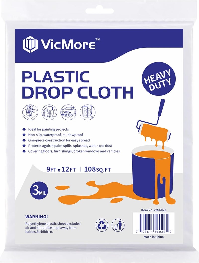 VICMORE Heavy-Duty Plastic Drop Cloth - Water & Dustproof, Odorless Plastic Sheet for Painting, Renovations, DIY Projects - Strong Paint Tarp with 3mil Thickness - Floor Covering & Dust Cover - 9’x12 - Image 1