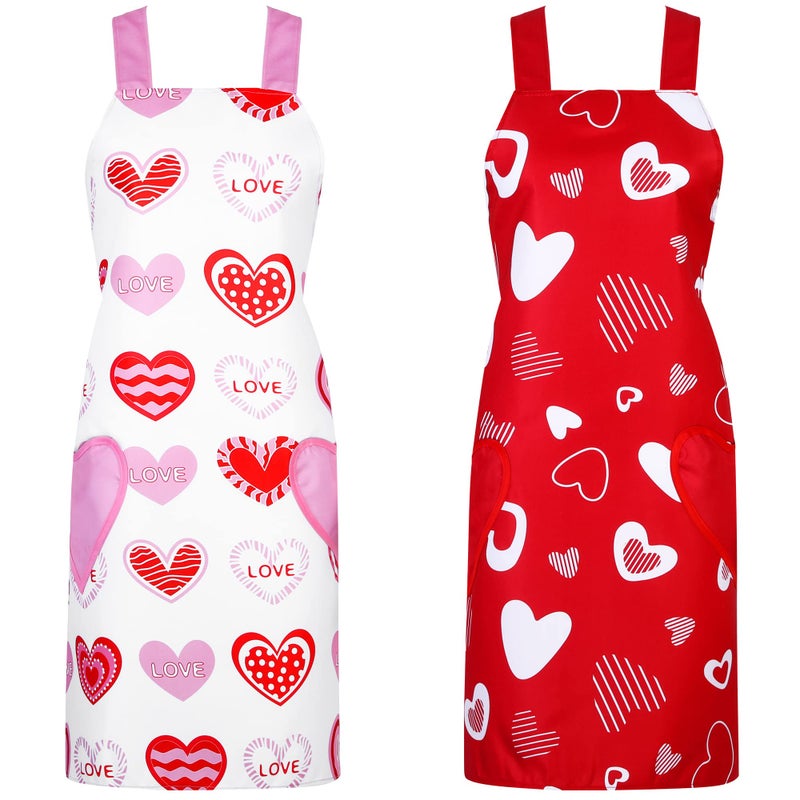 ADXCO 2 Pieces Valentine's Day Heart Aprons Adjustable Valentine Kitchen Baking Apron with Heart Pocket for Women Girls - Image 1