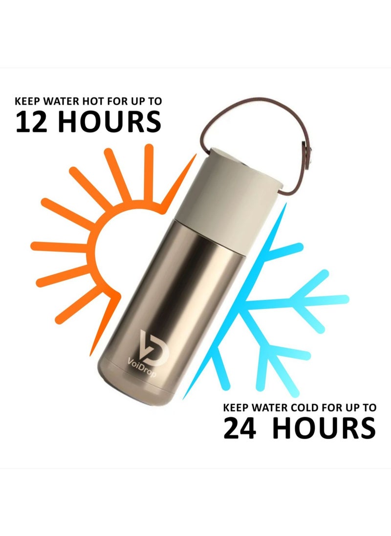 VoiDrop - Thermo Bottle Insulated Bottle 12oz Thermos Cup 350ML Portable Thermos Cup with Silicon Strap Travel Water Bottle Stainless Steel Kids Cups Stainless Steel Toddler cups (NATURAL TITANIUM) - Image 1