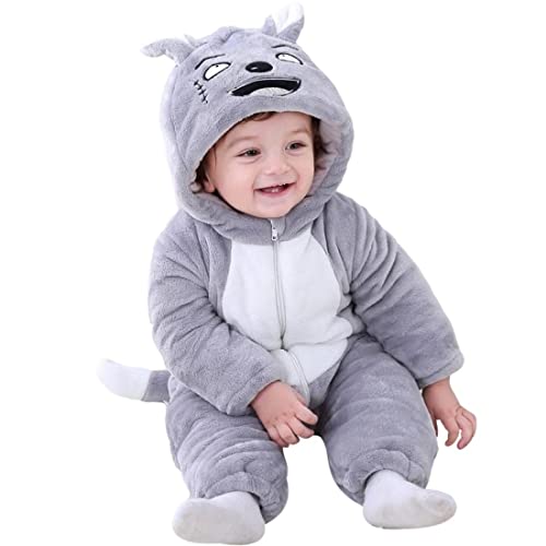 BRANDONN Unisex Baby Flannel Jumpsuit Panda Style Cosplay Clothes Bunting Outfits Snowsuit Hooded Romper Outwear (Grey Scars, 9-12 Months) - Image 1