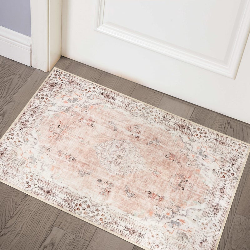 MUJOO Pink Area Rug Small Area Rugs Boho Machine Washable Rugs Non Slip for Entryway Kitchen Bathroom Bedroom Vintage Soft LowPile 2x3 Flowers