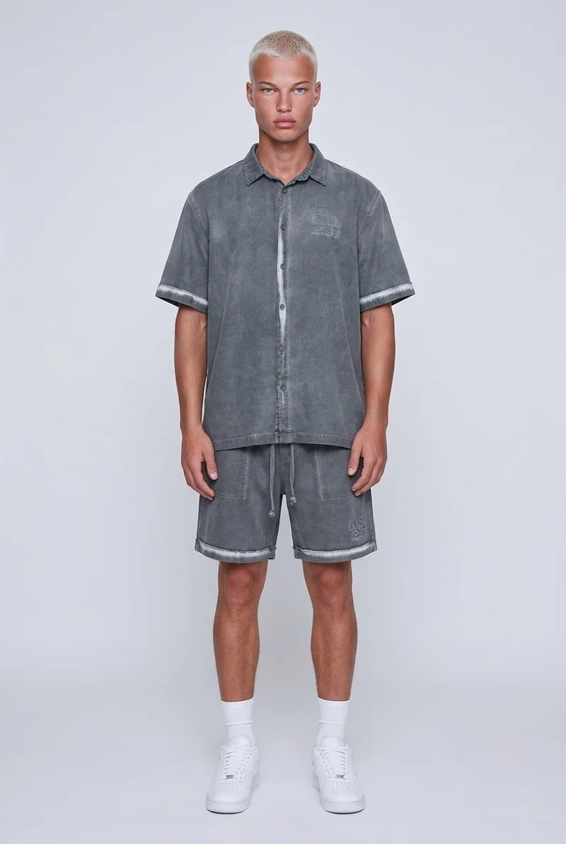 Respire Men's Washed Oversize Shirt and Shorts Set, Gray