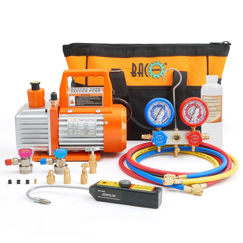 BACOENG 4 CFM AC Vacuum Pump and Gauge Set HVAC Vacuum Pump Kit with Leak Detector for R134a R410a R12 Refrigerants with R134a Quick Couplers and Can Tap
