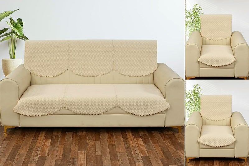 Castiqa Velvet Fabric Quilted Design Sofa Covers Set, Seat and Back Cover (Beige, 5 Seater) - Image 1