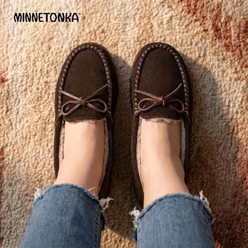 Minnetonka Women�s Camp Tie Moc � Cozy, Suede Moccasin Slippers for Women with Plush Pile Lining, Cushioned Footbed, and Durable Sole for Indoor & Outdoor Comfort, 9 M Chocolate - Image 2