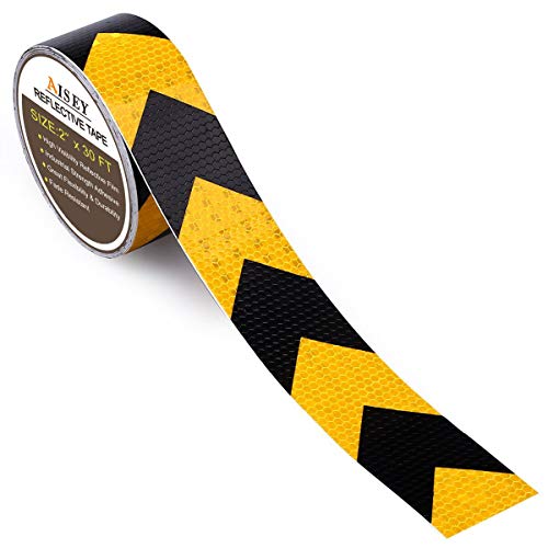 AISEY 2" X 30ft Reflective Safety Hazard Warning Tape Waterproof Yellow Black - High Intensity Reflector Tape for Outdoor Steps - Image 1
