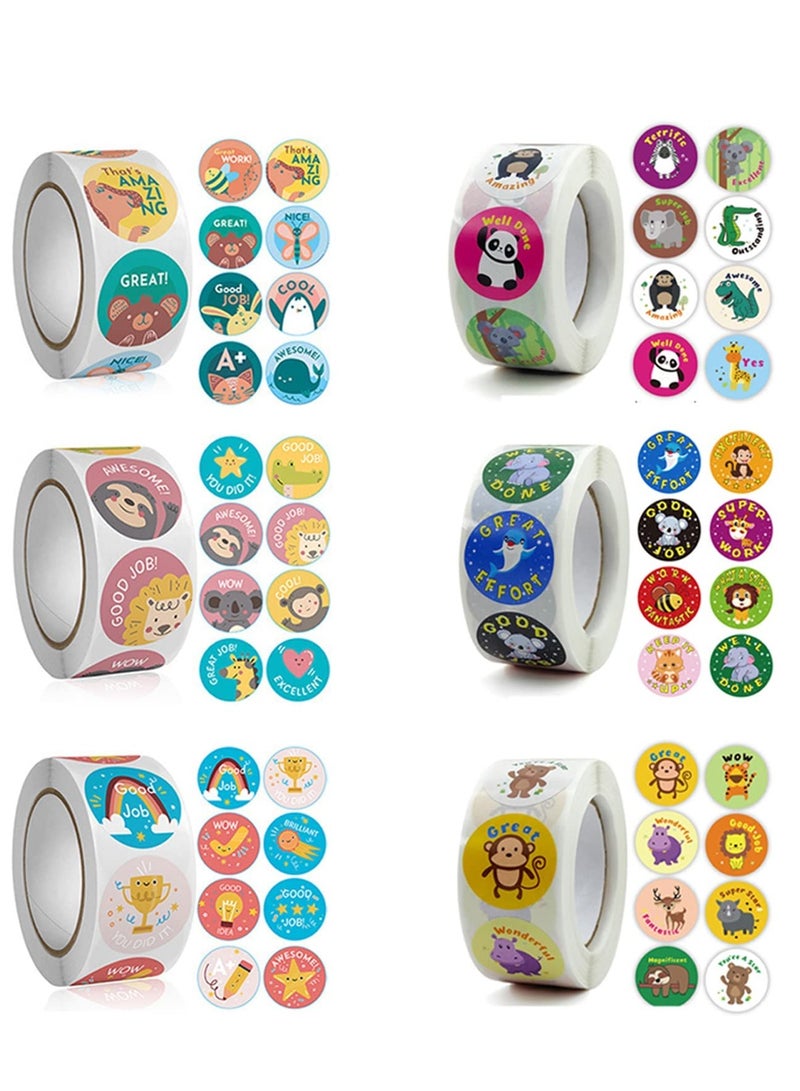 Teacher Reward Motivational Stickers, 3000 PCS Cartoon Animals Stickers Fun Stickers Reward Stickers for Teacher Encourage Student Round Reward Sticker for Kid (1 Inch, 6 Rolls, 500 Labels/Roll) - Image 1
