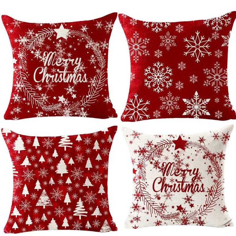 Andreannie Set of 4 Best Christmas Day Gift Pine Tree Merry Christmas Cross Jesus Cotton Linen Throw Pillow Case Cushion Cover Home Office Decorative Square 18 X 18 Inches (Cerise) - Image 1