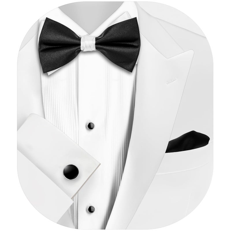 HAWSON Black Bow Ties Pocket Square Set with Cufflinks and Studs,Men's Adjustable Pre-Tied Silk Tuxedo Bow tie for Wedding. - Image 1