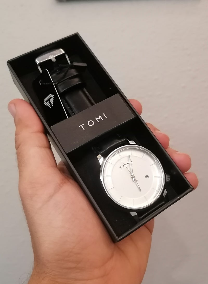 TOMI Watch With a Black Leather Strap With Analog Dials For Both Men And Women, In Addition To Displaying The Date On a Daily Basis - Image 4