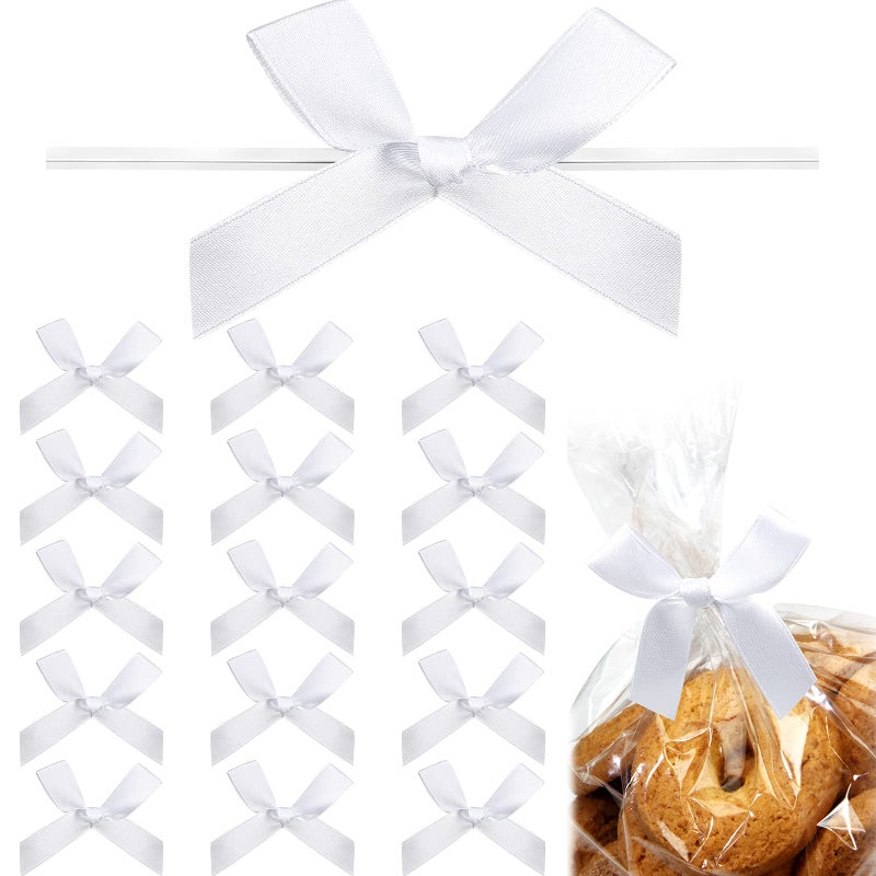 Gejoy 100 Pieces 26 Solid White Bows Mini Satin Ribbon Twist Tie Bows Crafts for Wedding Graduation Birthday Party Shower Gift Wrapping Candy Treat Bags Decoration
