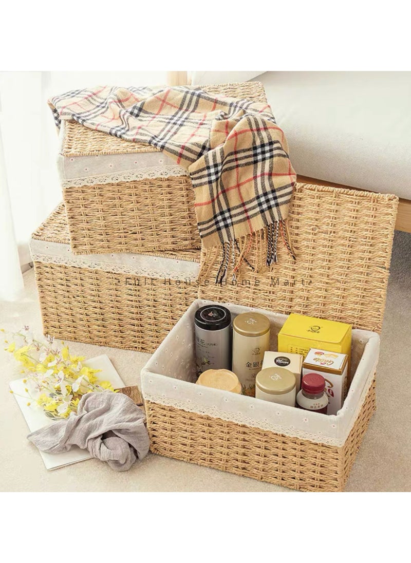 LINGWEI Storage Basket with Lid Set of 3 Wicker Baskets for Storage Decorative Storage Boxes for Shelves Woven Basket Storage Bins Nesting Wicker Baskets Storage Organization with Lid  - Image 1