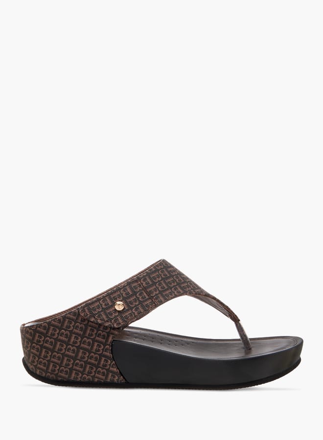 Flora Bella By Shoexpress Women Monogram Print Slip-On Comfort Sandals with Wedge Heels  - Image 3