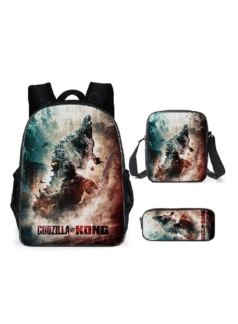 Godzilla Children's leisure load reducing large capacity printed backpack for elementary school students, 3-piece set - Image 1
