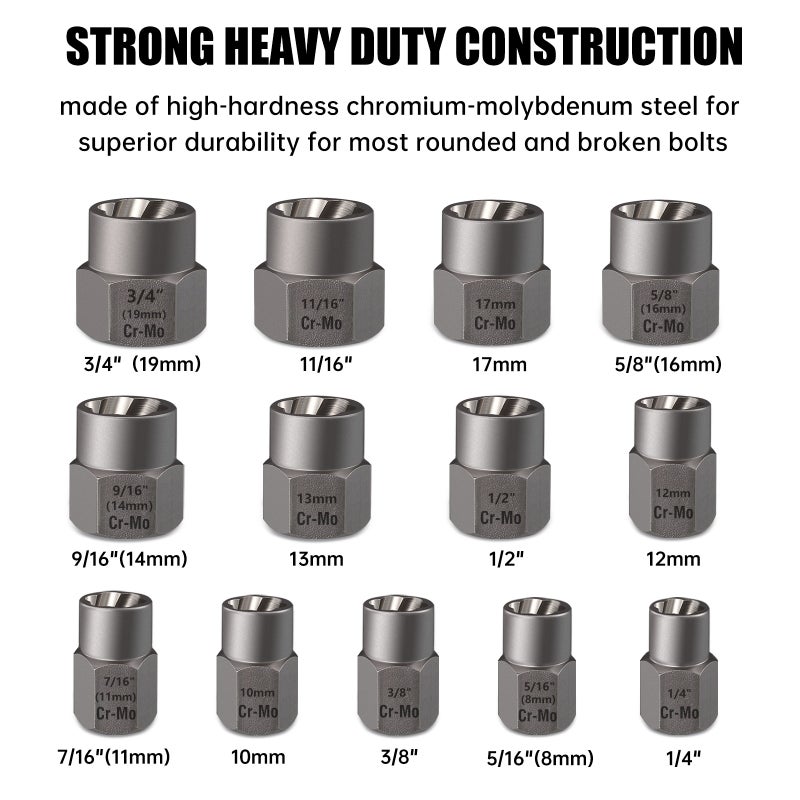 Bolt Extractor Tool Set: 14-Piece Silver High Hardness Chrome Molybdenum Steel - Precision Engineered Tight Grip Nut & Bolt Remover Kit for Damaged Rusted Frozen Fasteners with Storage Case - Image 3