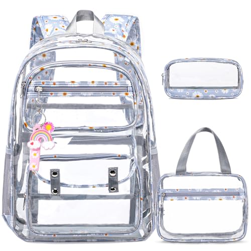 ACESAK Clear Backpack for Girls - 3 Pcs Heavy Duty See Through Backpack with Lunch Bag & Pencil Case - Stadium Approved for Kids Middle High College School Sport Travel (Gray Daisy) - Image 1