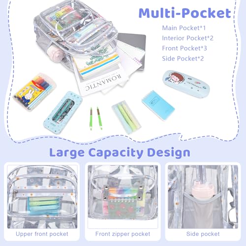 ACESAK Clear Backpack for Girls - 3 Pcs Heavy Duty See Through Backpack with Lunch Bag & Pencil Case - Stadium Approved for Kids Middle High College School Sport Travel (Gray Daisy) - Image 3