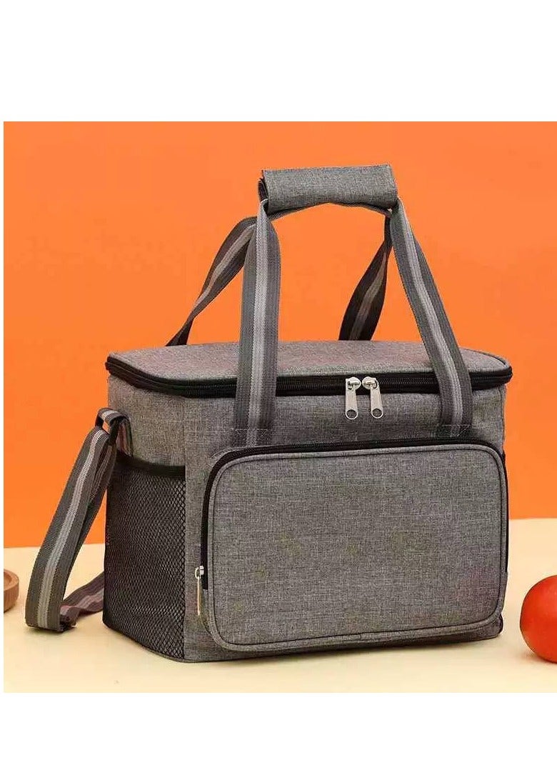 حقيبة غداء معزولة قابلة لإعادة الاستخدام سعة 14 لترًا، صندوق حمل غداء للعمل المكتبي والنزهات والشاطئ - مصنوعه من القماش التقيل ومبطنة من الداخل بالالومنيوم للحفاظ على درجة حرارة الطعام - رمادي - Image 1