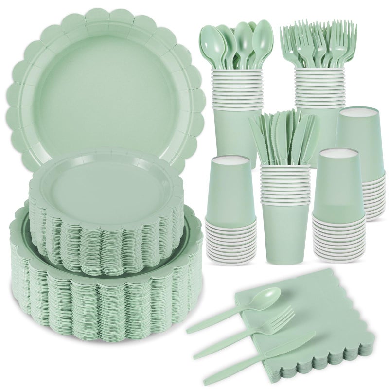 Xiangqu 350 Pcs Sage Green Paper Plates and Napkins Sage Green Party Supplies Include Green Scalloped Plate Paper Napkin Cup Plastic Cutlery for Baby Shower Wedding Birthday