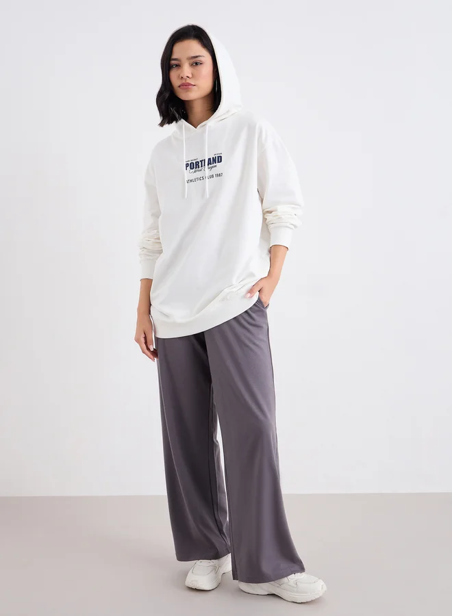 Styli Styli Off White Longline Hoodie with Slogan Print
