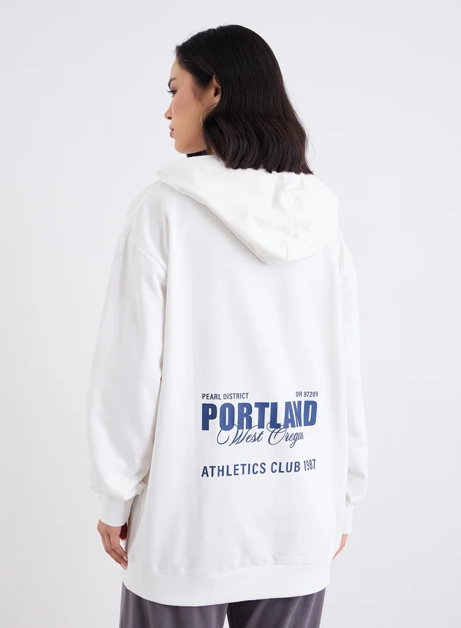 Styli Styli Off White Longline Hoodie with Slogan Print
