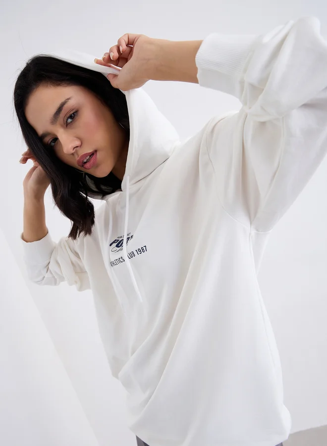 Styli Styli Off White Longline Hoodie with Slogan Print