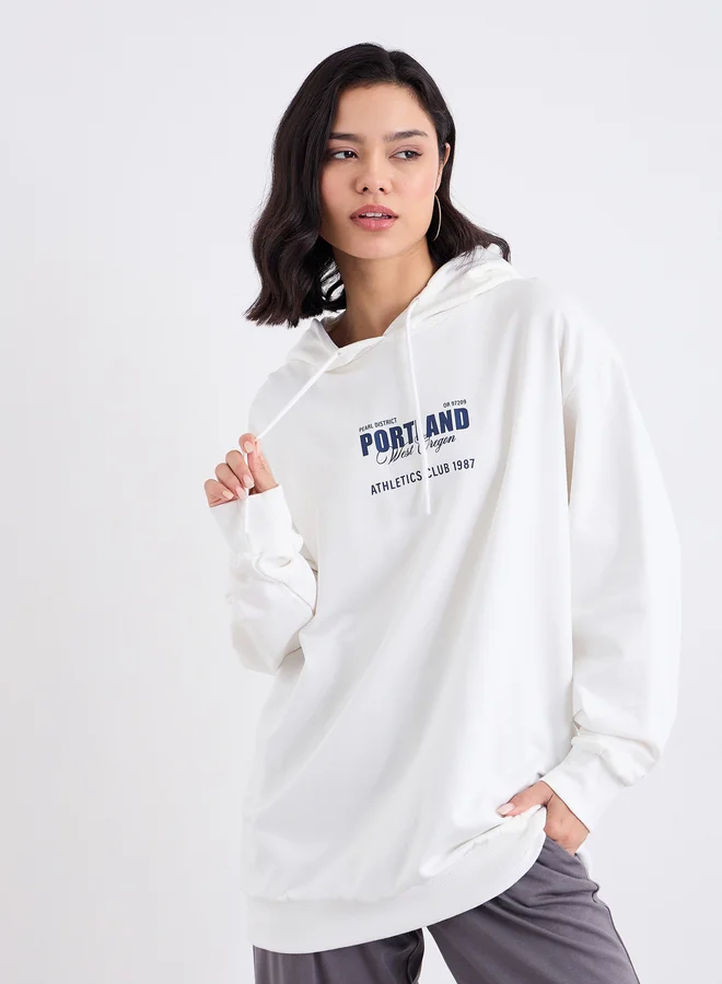 Styli Styli Off White Longline Hoodie with Slogan Print