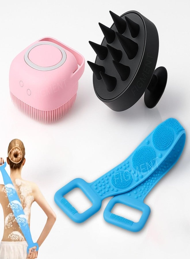 فيجمينت فرشاة استحمام الجسم من السيليكون الناعم من فيجمنت للرجال والنساء، لتقشير الظهر، تنظيف عميق ومغذٍ، تقشير، إزالة الأوساخ، خالية من مادة BPA، شعيرات معززة للرغوة، قبضة مانعة للانزلاق، متعددة الألوان (مجموعة، 3 قطع) - Image 1