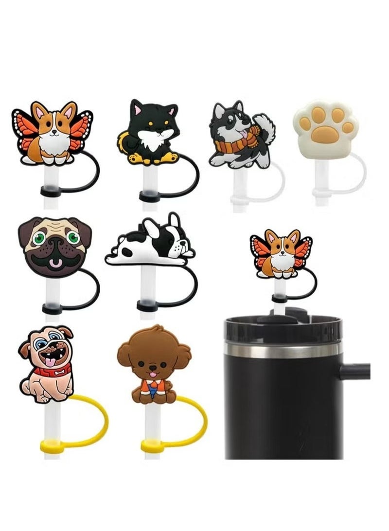 Straw Covers Cap Toppers, 8 Pcs Straw Cover for Stanley Cup, Silicone Straw Covers Cap Reusable Drinking Straw Topper Compatible, for Stanley Cups Accessories (0.4in, Dog) - Image 1