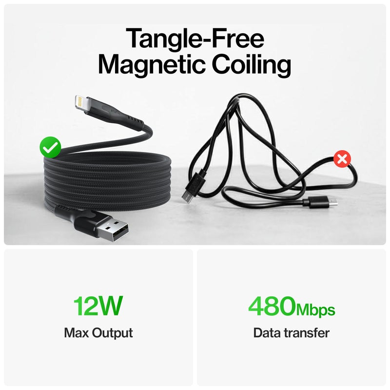 Statik MagStack USB A to Lightning Cable MFi Certified, Clutter-Free Magnetic Charging Cable, Anti-Tangle Phone Charger Cord, 12W, Compatible with iPhone 14 Pro Max, 13 12 11, 6FT/2M - Image 3