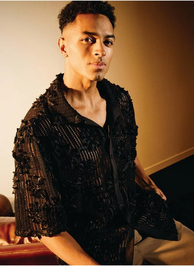 ايكونيك Iconic Regular Fit Floral Embroidered Sheer Shirt with Short Sleeves