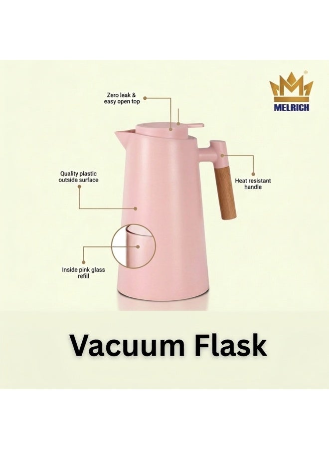 ميلريتش ترامس ميلريتش سعة 1 لتر مع زجاج وردي داخلي - دلة حرارية أنيقة للقهوة والشاي بمقبض خشبي مقاوم للحرارة - سعة 1000 مل، مثالية للمنزل، المكتب، وتقديمات شهر رمضان المبارك. - Image 3