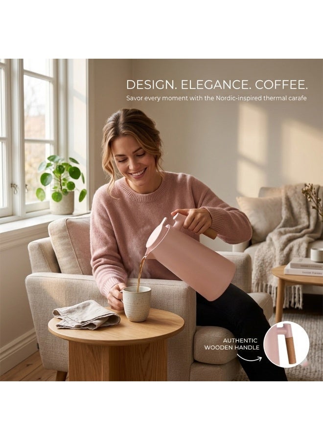 ميلريتش ترامس ميلريتش سعة 1 لتر مع زجاج وردي داخلي - دلة حرارية أنيقة للقهوة والشاي بمقبض خشبي مقاوم للحرارة - سعة 1000 مل، مثالية للمنزل، المكتب، وتقديمات شهر رمضان المبارك. - Image 1