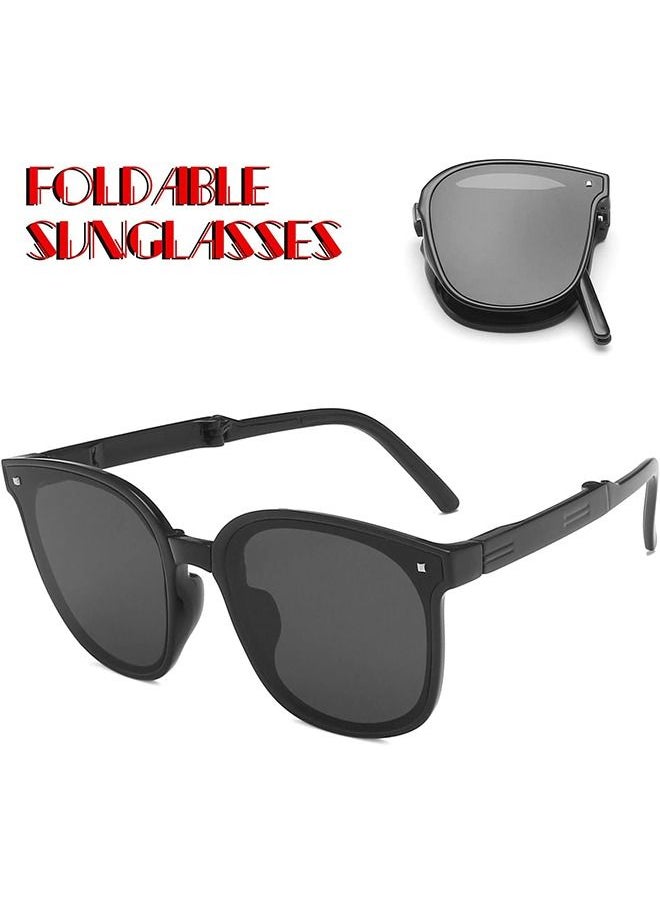 HS - Foldable Sunglasses with Bag Women and Men, Square Folding Easy Carry Foldable Shades UV400 Protection Lens, Sun Protection Sunglasses Suitable for Summer Outdoor Beach Travel Camping, Black - Image 1