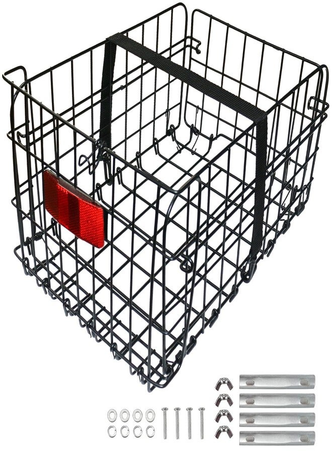 Huntoshon Folding Rear Bike Basket, Quickly Release Metal Bicycle Rack Cargo Basket with Strap & Reflective Tail Light for Most Mounted Bike Rack - Image 1