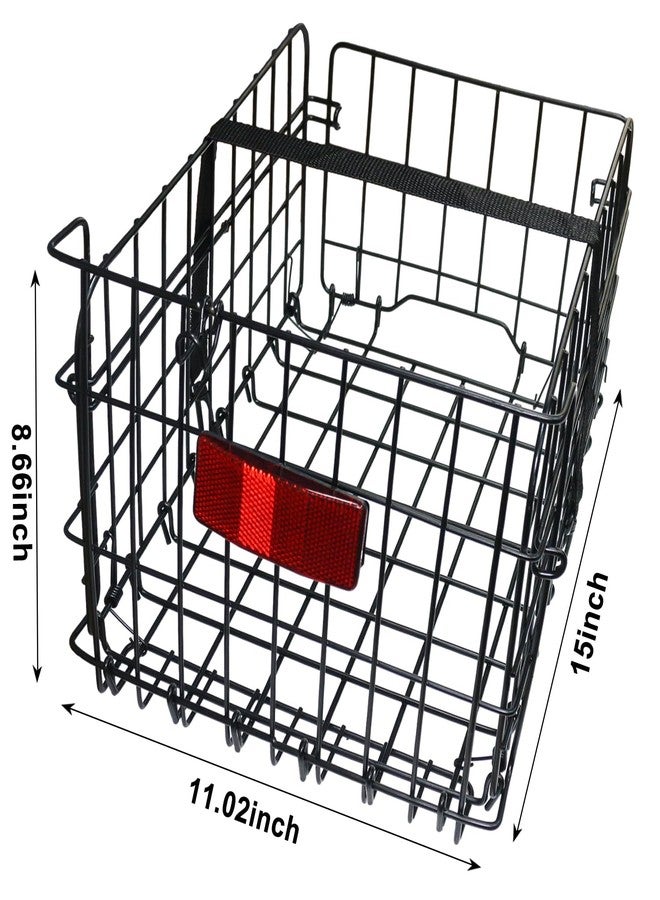 Huntoshon Folding Rear Bike Basket, Quickly Release Metal Bicycle Rack Cargo Basket with Strap & Reflective Tail Light for Most Mounted Bike Rack - Image 2