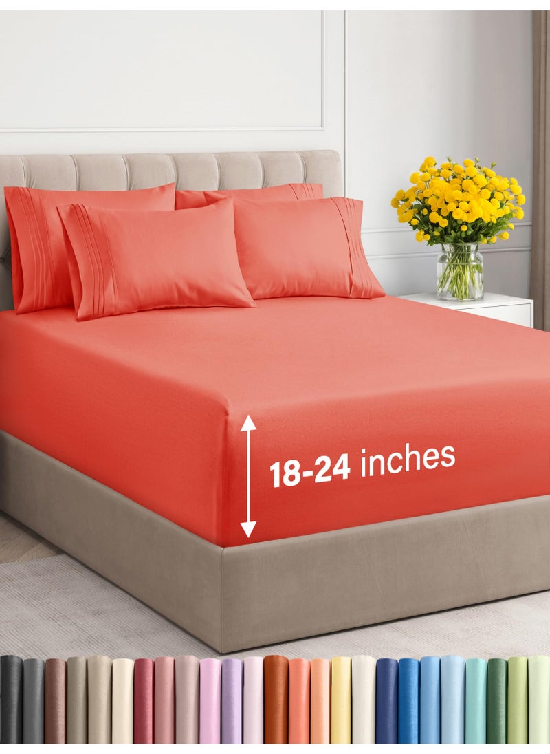 Extra Deep Queen Sheet Set  6 Piece Breathable  Cooling Sheets  Hotel Luxury Bedding Set w1824 Inch Extra Deep Pockets  Easy  Secure Fit  Super Soft Wrinkle Free  Comfy  Coral Queen Size