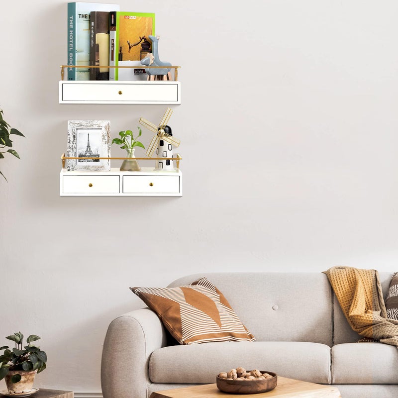 Dreampossible Floating Shelves For Wall Storage  Wall Mounted Bathroom Shelf With Drawers Set Of 2  Rustic Wood Wall Shelves For Bedroom  Living Room  Kitchen  Wall Decor  Plants  Books (White) - Image 3