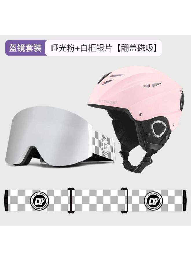 Ski Helmet with Magnetic Flip Goggles, Matte Powder + White Frame Silver Piece, Super Large Field of View, All-in-One Snow Helmet for Adults