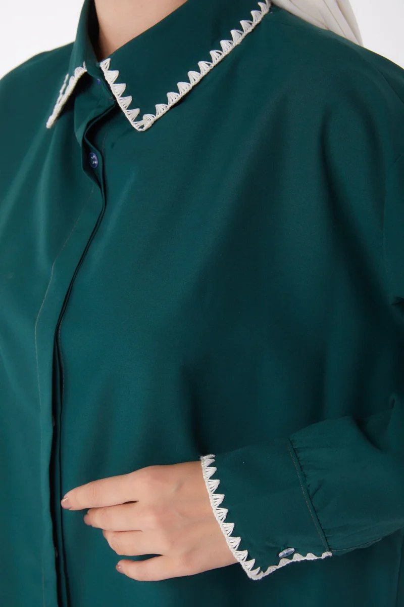 Tofisa Plain Shirt Collar Women's Green Rose Embroidered Shirt - 13253