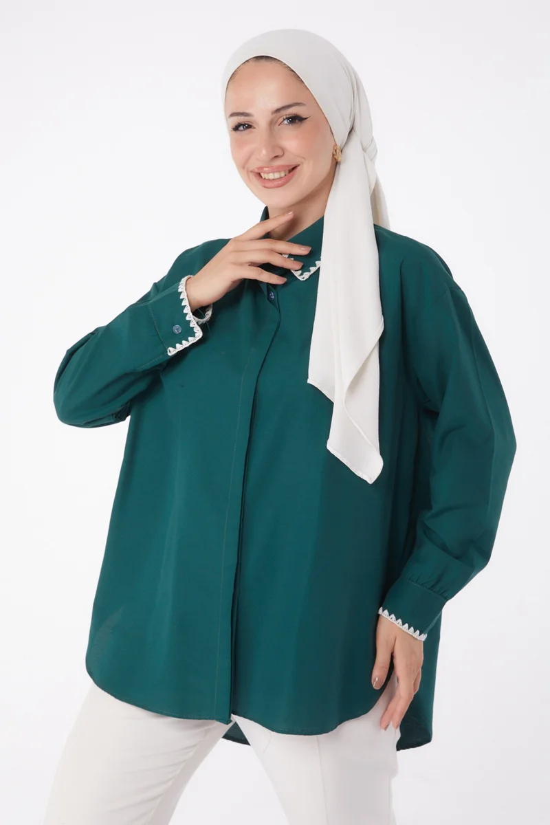 Tofisa Plain Shirt Collar Women's Green Rose Embroidered Shirt - 13253