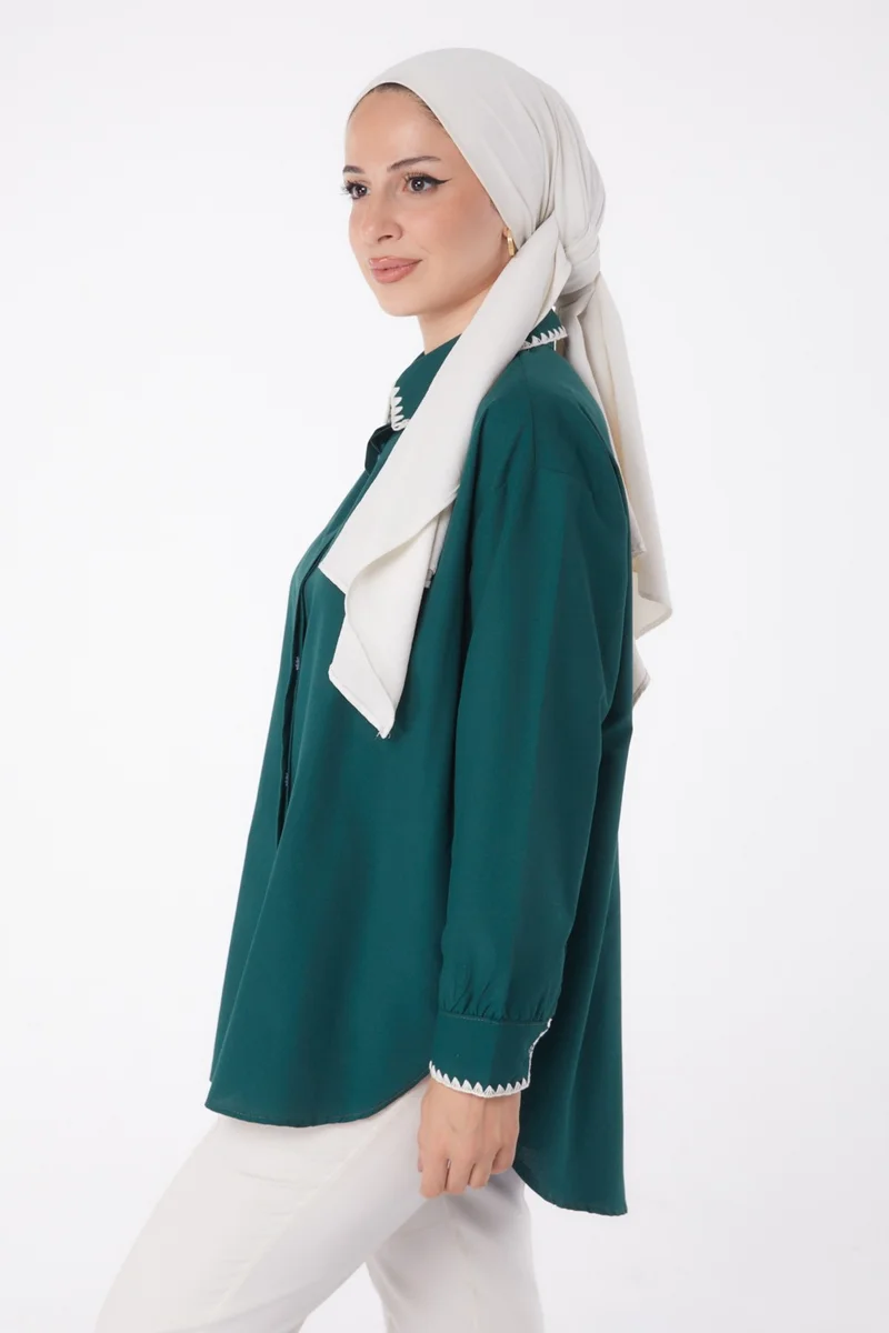 Tofisa Plain Shirt Collar Women's Green Rose Embroidered Shirt - 13253