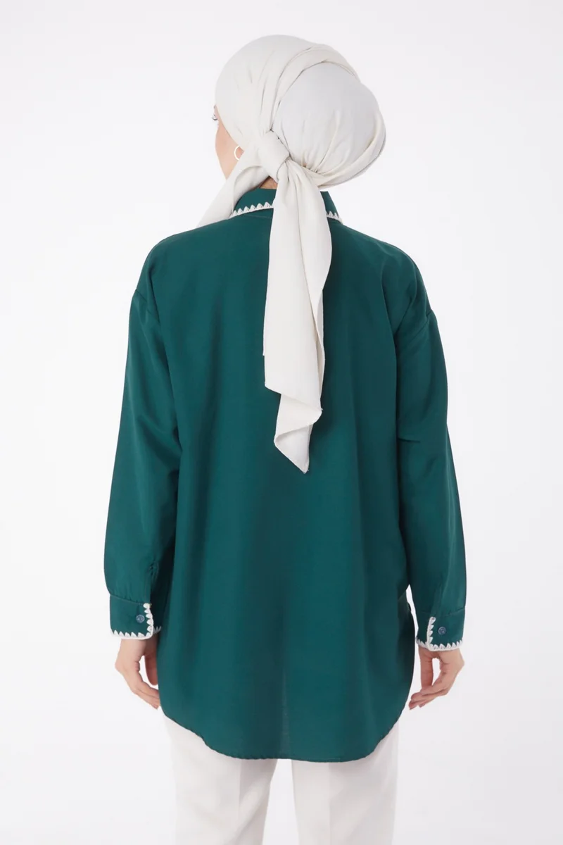 Tofisa Plain Shirt Collar Women's Green Rose Embroidered Shirt - 13253